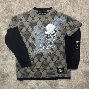 FUBU Graphic Long Sleeve Shirt Kids Large Gray Black Skull All Over Print